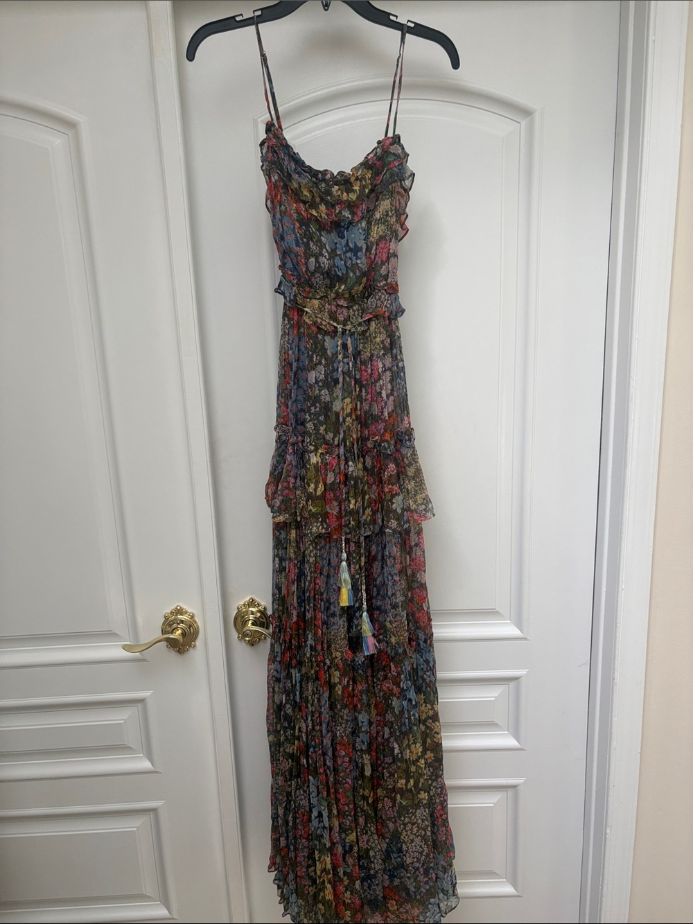 Needle & Thread Multicolor Floral Tiered Maxi Dress with Tassel Tie